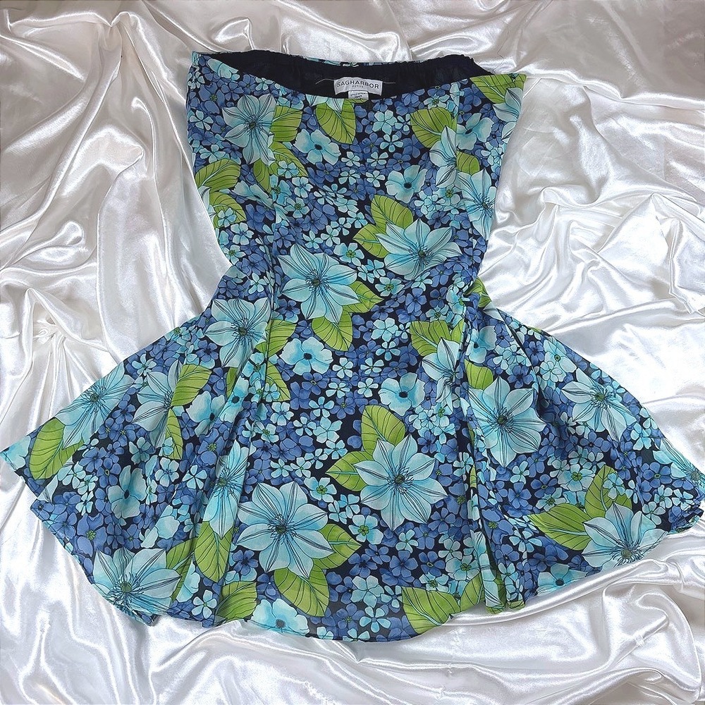 Vintage Skirt Blue Excellent Sag Harbor Petite Floral Chiffon A-Line 14P